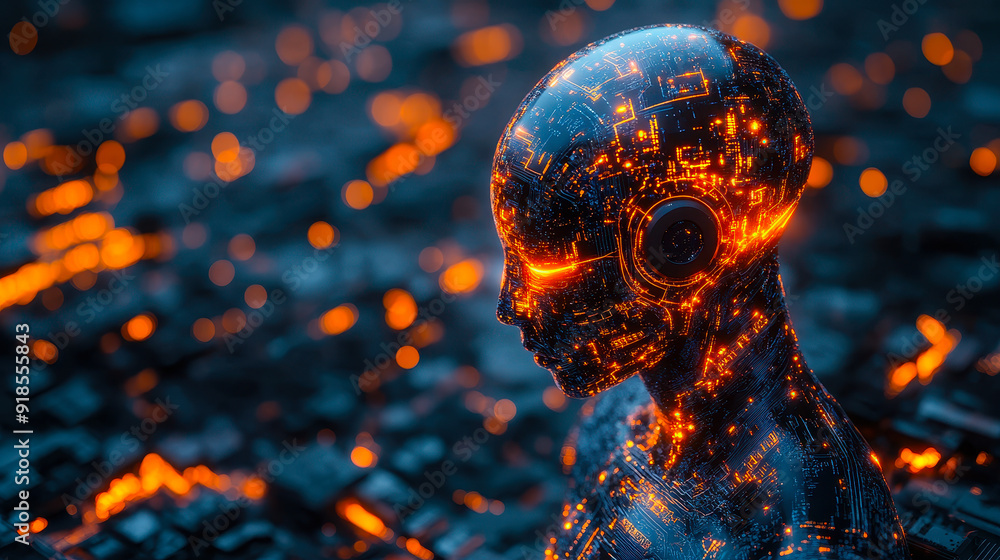 Poster futuristic artificial intelligence concept: digital humanlike interface with glowing data matrix, cy