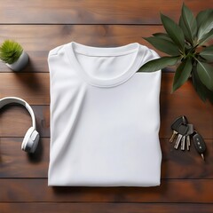 white folded t-shirt mockup laying on wooden table with plants, keys and headphone for fashion and graphic designer