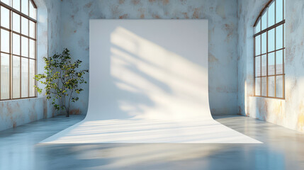 Obraz premium Sunny Photo Studio with Large Windows, White Vinyl Backdrop, and Soft Natural Light for Interior Design and Photography Mockup