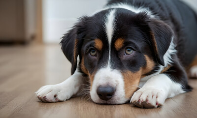 Cute border collie puppy dog is lying on the wooden floor