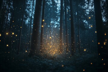 Fireflies illuminate the dark forest, creating a magical atmosphere as they dance among towering trees on a serene night