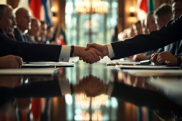 Diplomats from different nations shake hands, marking a crucial agreement during peace negotiations in a formal setting