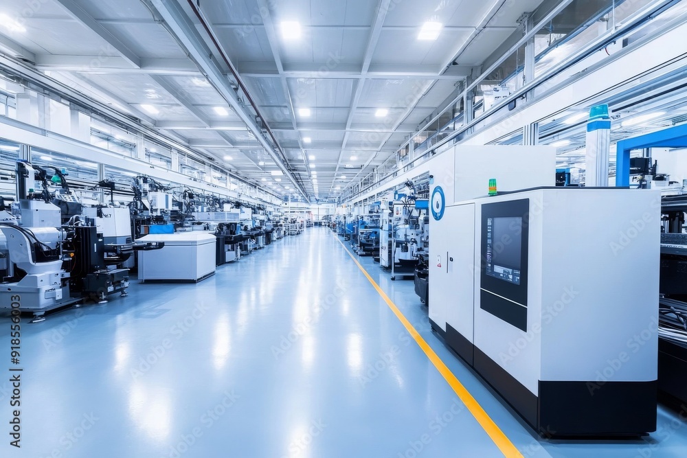 Poster a spacious factory floor filled with automated machines and robotics, highlighting efficiency and in