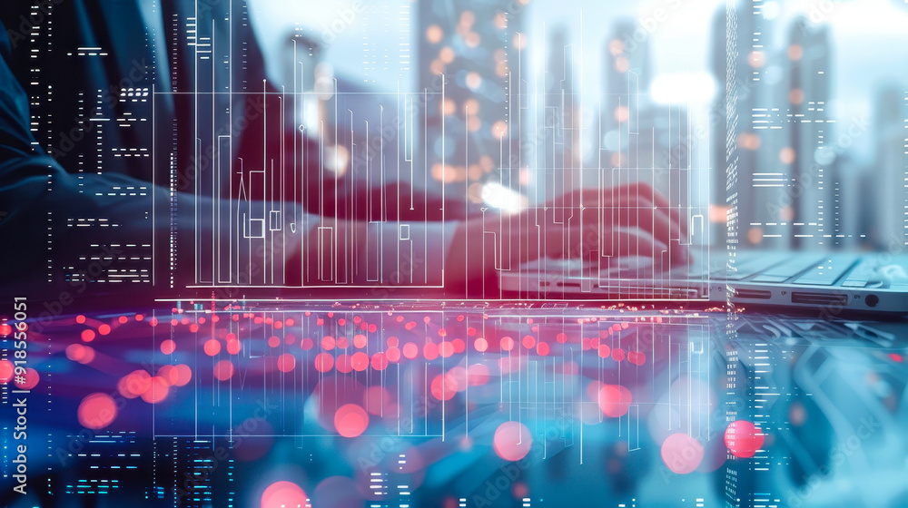 Aufkleber business professional analyzing statistics on laptop with abstract data visualization and cityscape 