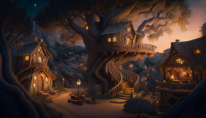 Fototapeta premium Beautiful fairytale treehouse village. Surreal mystical fantasy artwork
