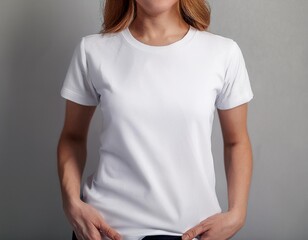 women wearing a white t-shirt mockup with her hands in her pocket with grey background for fashion and graphic designer
