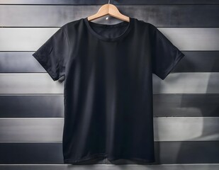 black t-shirt mockup with black and white painted wood background for fashion and graphic designer