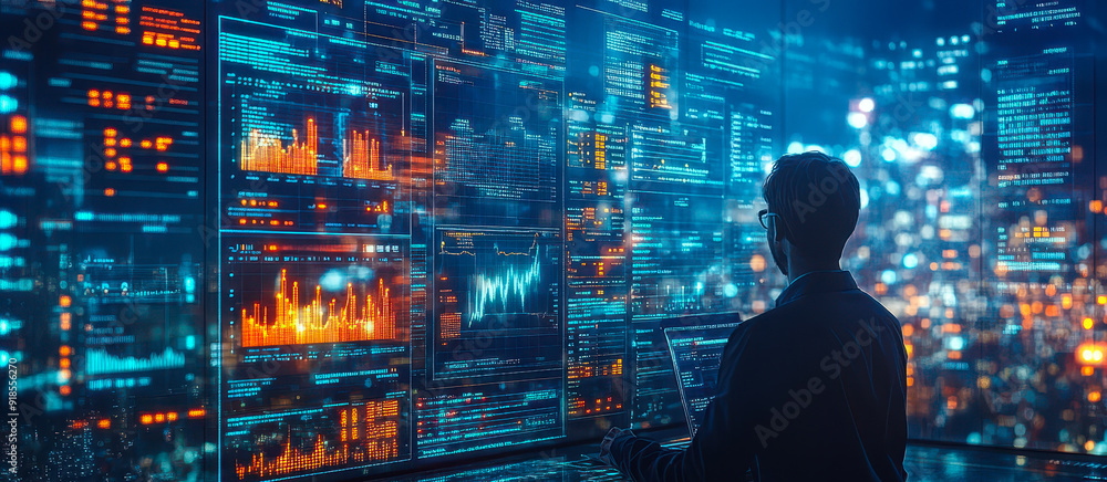 Poster data analyst using dashboard and reports to provide actionable insights at night in futuristic offic