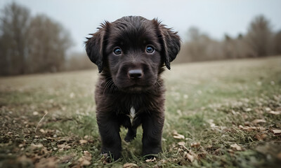 Adorable black puppy dog standing in grass field