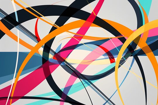 Minimalist abstract design with intersecting lines and circles in vibrant hues, creating a sense of motion and depth on a neutral grey background.