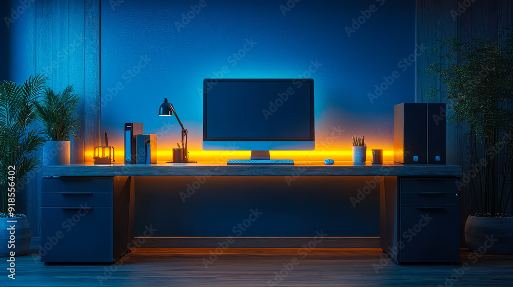 Aufkleber modern minimalist office workspace with desktop computer and ambient lighting in evening setting fea