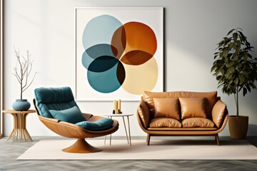 Blue sofa and terra cotta lounge chair against wall with two art posters Minimalist home interior design of modern living room 