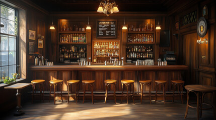 Cozy Old British Pub with Wooden Paneling and Bar Stools in Warm Daylight Ambiance, Traditional Bar Interior, Nostalgic Atmosphere, Ideal for Social Gatherings and Relaxation