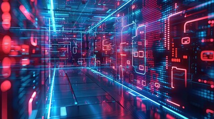 A dynamic cybersecurity with a focus on encrypted data streams, digital locks, and virtual shields protecting a network. The setting has a high-tech. Generative AI.