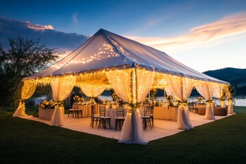 The outdoor wedding reception tent glows under soft golden sunset light, featuring elegantly arranged tables and floral decorations by a tranquil lake