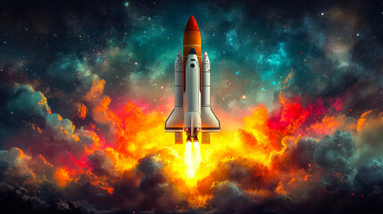 Vibrant Pop Art Style Rocket Launch with Fiery Clouds and Starry Night Sky, Symbolizing Adventure, Exploration, and Innovation