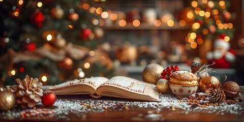 An open Christmas cookbook on a festive table with holiday decorations and treats.