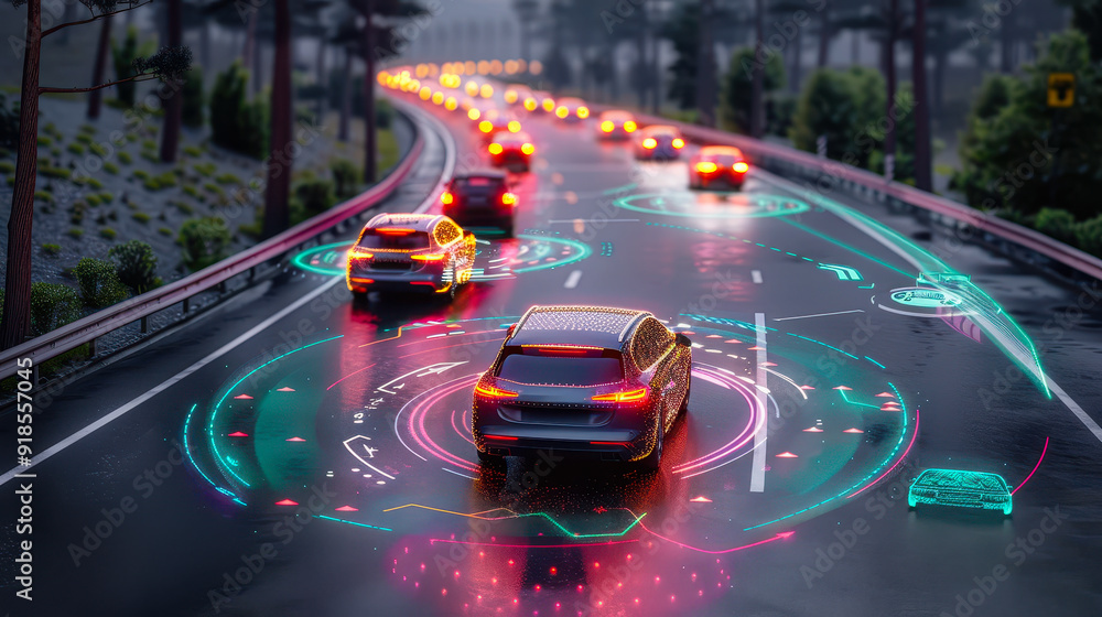 Aufkleber autonomous self-driving cars using sensing system and wireless communication network on curved highw