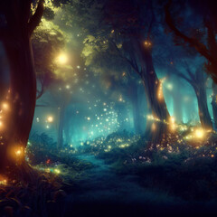 Fantasy forest at night, magic lights and fireflies in fairytale wood, Surreal mystical fantasy artwork