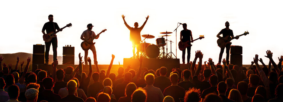 Rock band performing live concert at sunset with audience isolated on transparent background