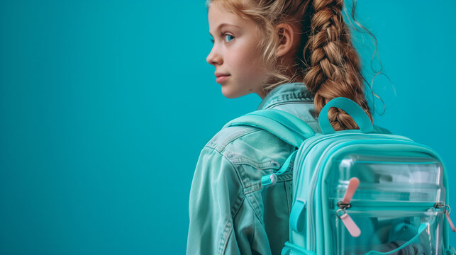 Portrait of a young schoolgirl with braided hair and a stylish turquoise backpack, standing against a matching turquoise background. Captures the essence of back tos chool season 