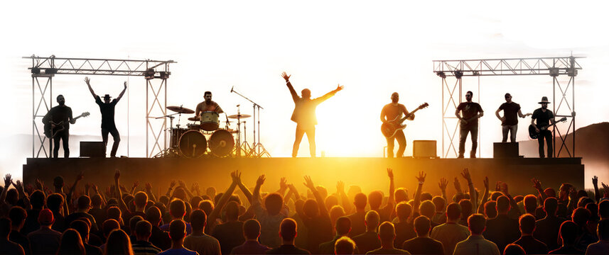 Rock band performing live concert at sunset with audience isolated on transparent background