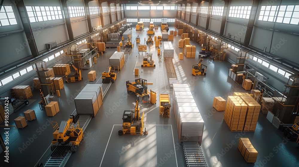 Aufkleber view from drone of workshop area with assembly of robots, conveyors for pallets, boxes, automatic we
