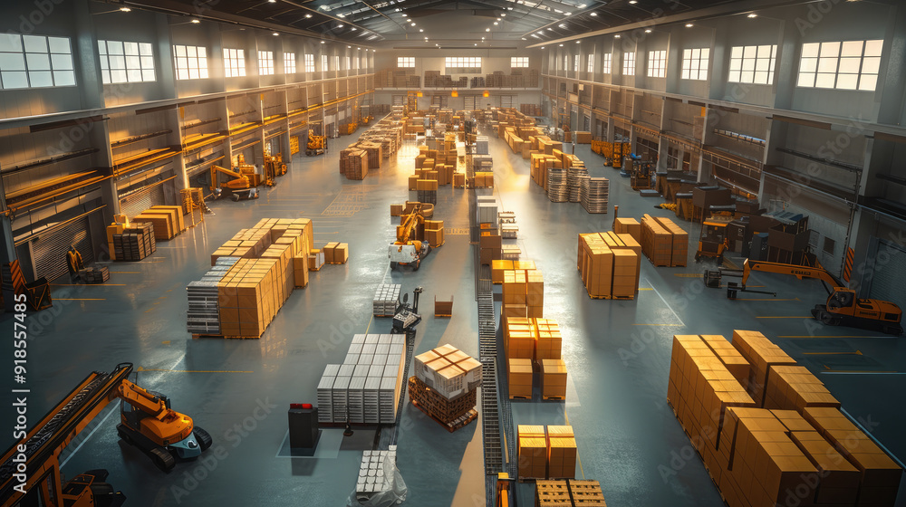 Aufkleber view from drone of workshop area with assembly of robots, conveyors for pallets, boxes, automatic we