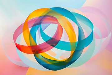 Minimalist abstract, interlaced circles of vibrant colors, centered on a soft pastel background. Geometric harmony, crisp edges, soothing palette