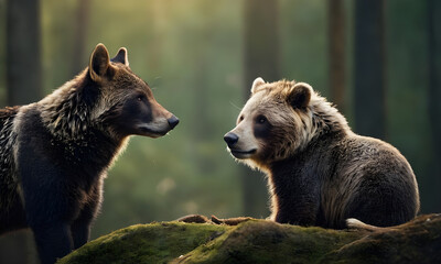 Obraz premium Brown bear and wolf interacting in green forest
