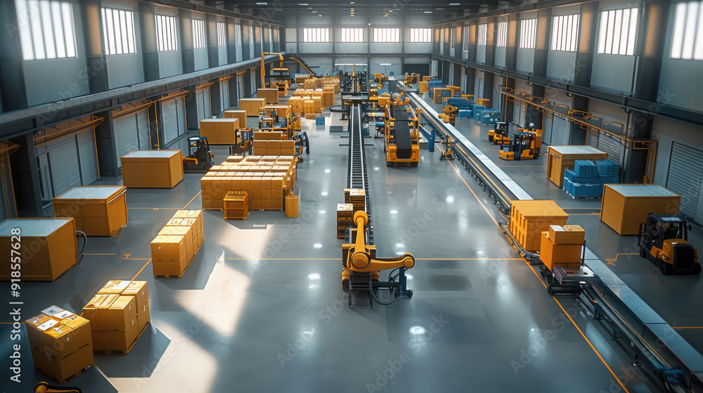 Aufkleber view from drone of workshop area with assembly of robots, conveyors for pallets, boxes, automatic we