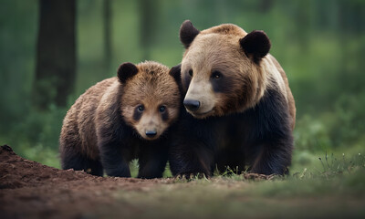 Brown bear mother protecting her cub in the forest