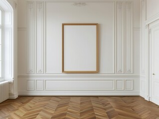 Elegant empty frame on a white wall in a spacious, well-lit room with hardwood flooring