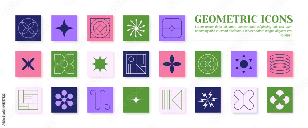 Aufkleber Line shapes. Square brutalism symbols. Abstract flower and star icons. Circle pattern or graphic geometry figure. Retro modern hexagon logo. Basic outline forms. Vector color elements set