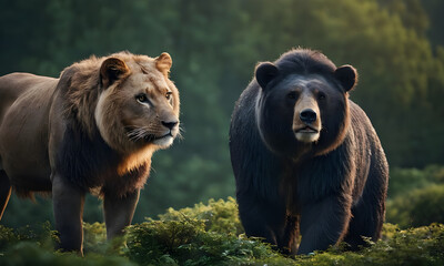 Fototapeta premium Majestic lion and powerful bear walking in the forest