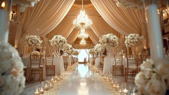 Wedding hall. Wedding hall without guests with decor. Generative AI.