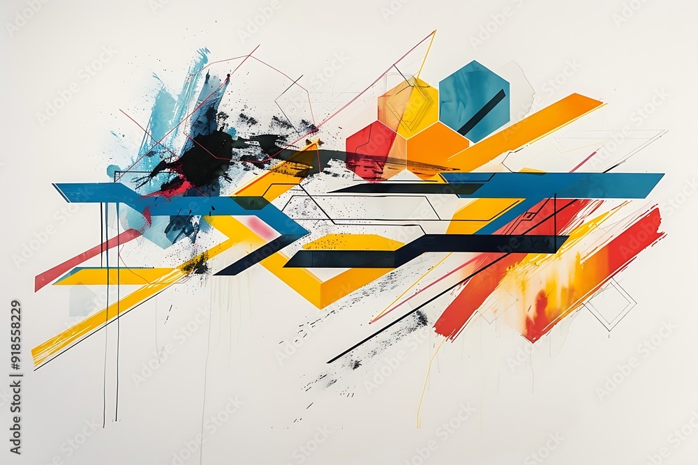 Wall mural minimalist abstract piece with bold lines and hexagons in vivid colors, creating a sense of movement