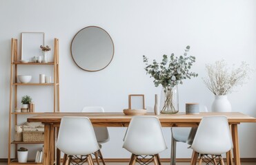 wooden dining table with white chairs, in front of it is an empty wall and there's an elegant vase holding flowers