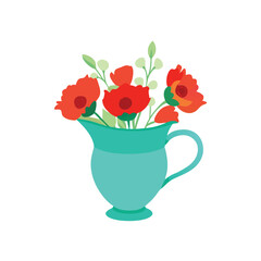 bouquet of blooming flowers in a ceramic vase, vector illustration 
