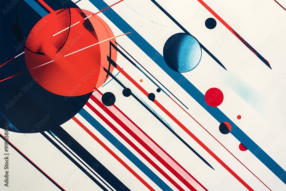 Wall mural minimalist abstract piece with bold lines and circles in bright red and blue, arranged to create a d