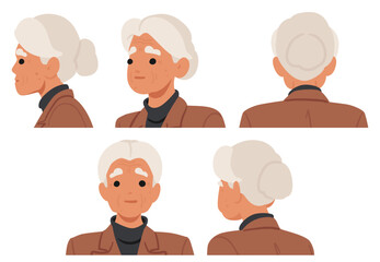Elderly Woman Shown From Different Angles. Vector Illustration Highlights Female Character Profile, Front And Back Views