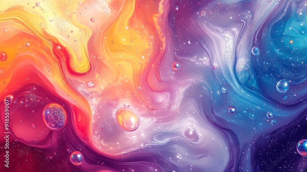 Poster abstract colorful background with flowing paint and bubbles.