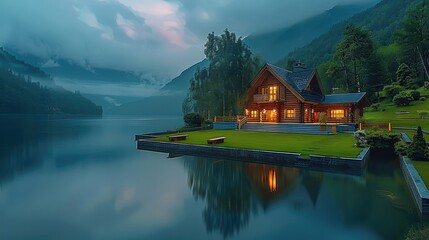 Obraz premium A large wooden house in the mountains, surrounded by green lawns and an endless lake. At night. Generative AI.