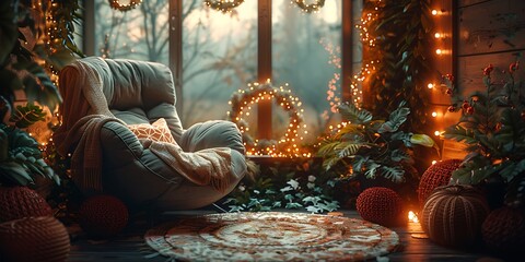 A cozy New Year reading corner by a window, decorated with festive details.