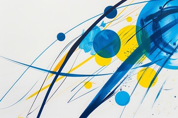 Minimalist abstract piece with bold lines and circles in bright blue and yellow, arranged to create a dynamic effect on a white background.
