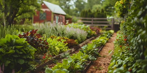 A garden with a red shed in the background. The garden is full of plants and flowers, and there is a path leading through it