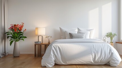 Hyper-detailed image of a simplistic bedroom, white sheets, no clutter