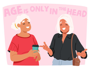 Two Joyful Older Women Sharing A Moment Over Coffee. Cartoon Characters Laughing And Enjoying Each Others Company