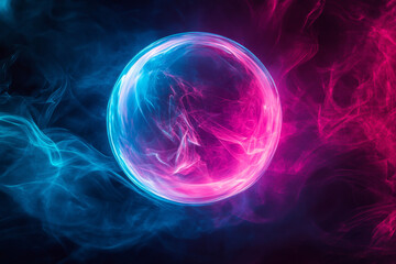 Abstract glowing neon pink and blue smoke sphere on dark background, illustration of energy flow