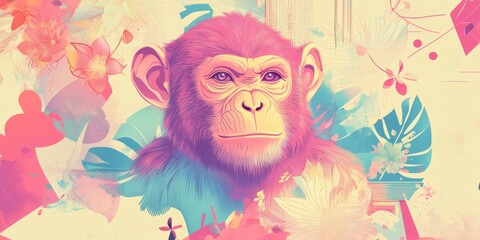 Fototapeta premium Elegant Monkey Zodiac Party Poster for the Future Year of the Monkey: Geometric Florals Meet Primate Grace in Ethereal Hues with Chinese Symbolism and Modern Aesthetics